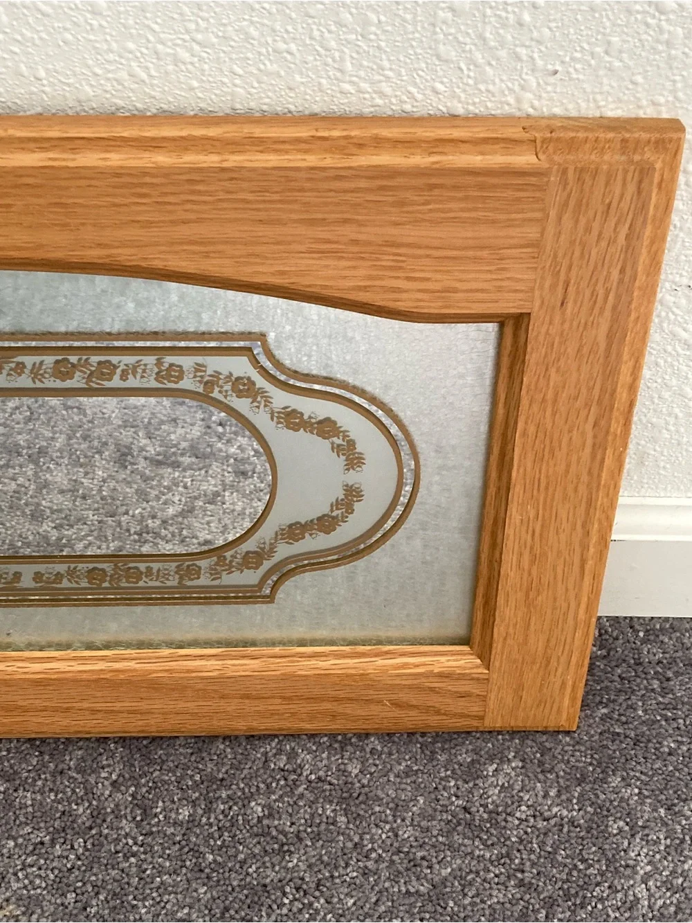 Vintage Oak Framed Etched Glass Floral Accent Wall Mirror Cathedral Arch Cottage